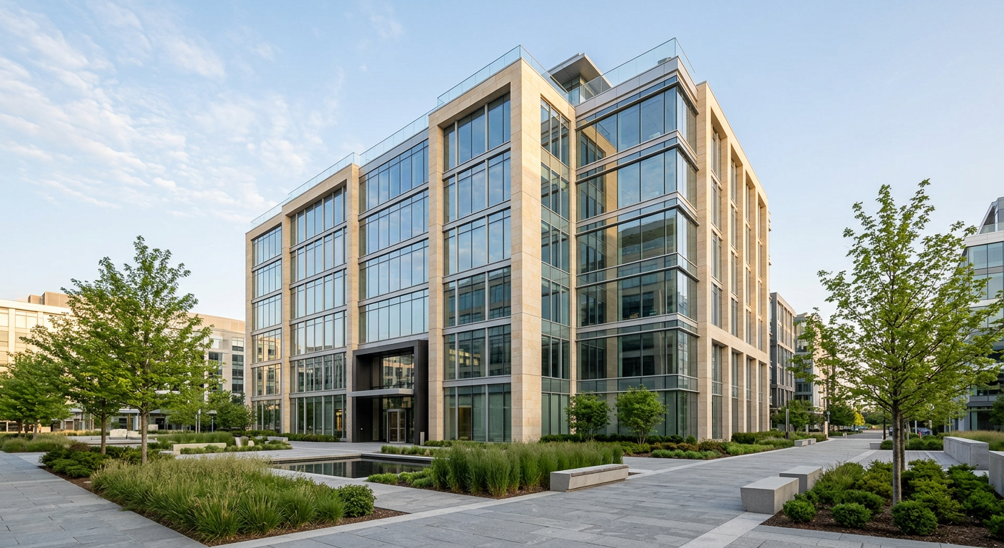 Modern commercial office building in morning light